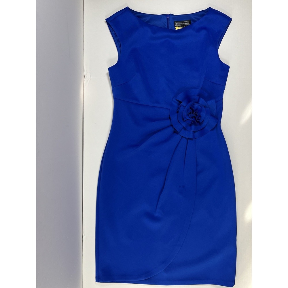 Women's Boat Neck Sheath Formal‎ Dress Royal Rosette Ruched Size 10